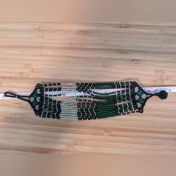 Seed Bead bracelet multi strands green black white geometric tribal - Picture 5 of 5